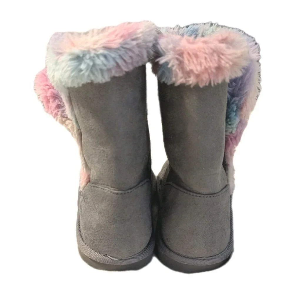 The Children's Place Girl's 13 Winter Fuzzy Boots‎ Faux Suede Rainbow Fur Gray